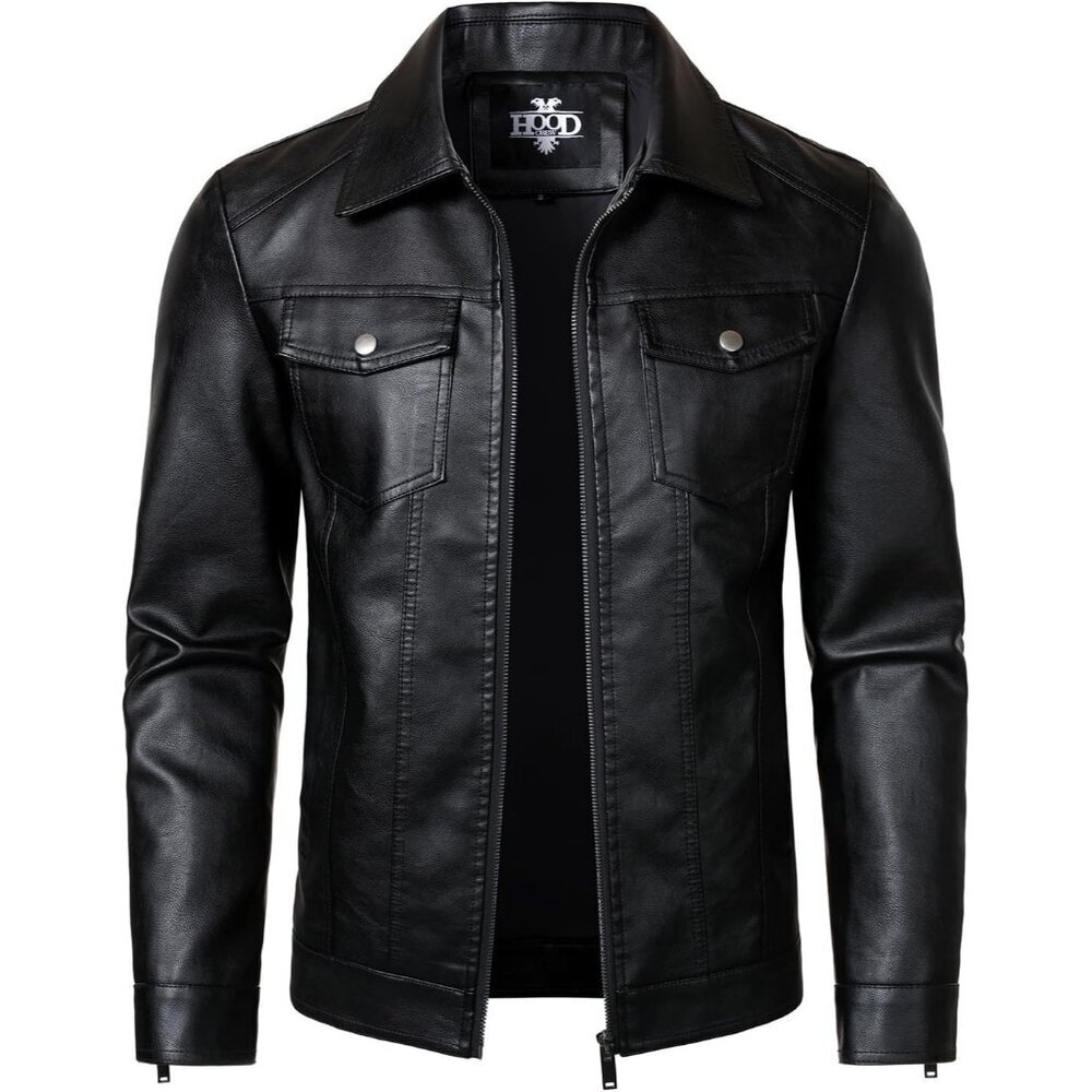 HOOD CREW Men's Casual Lightweight Faux Leather Motorcycle Jacket Coats